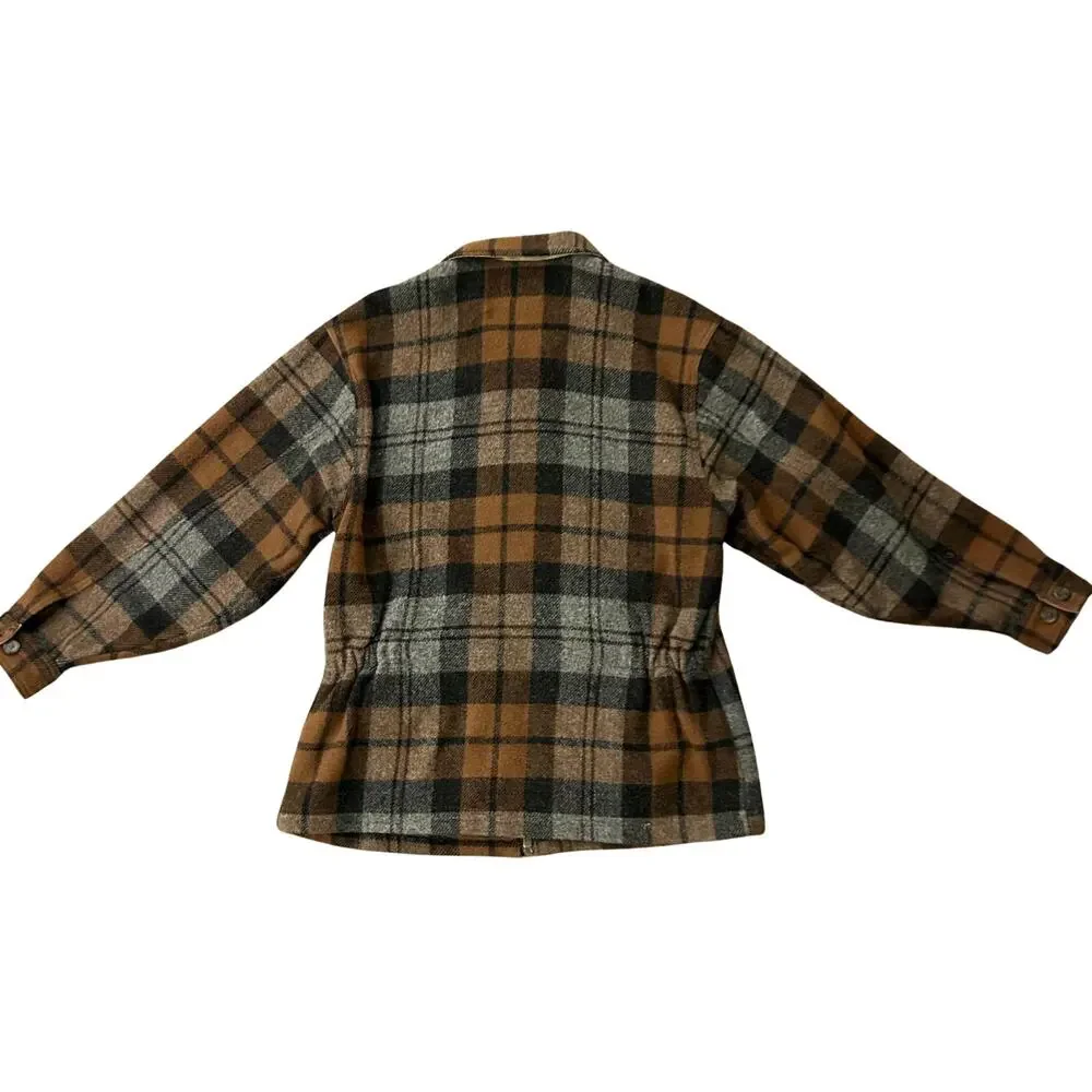 Vintage J.Crew Wool Plaid Zip Jacket Brown Gray Made in USA Mens L Unisex
